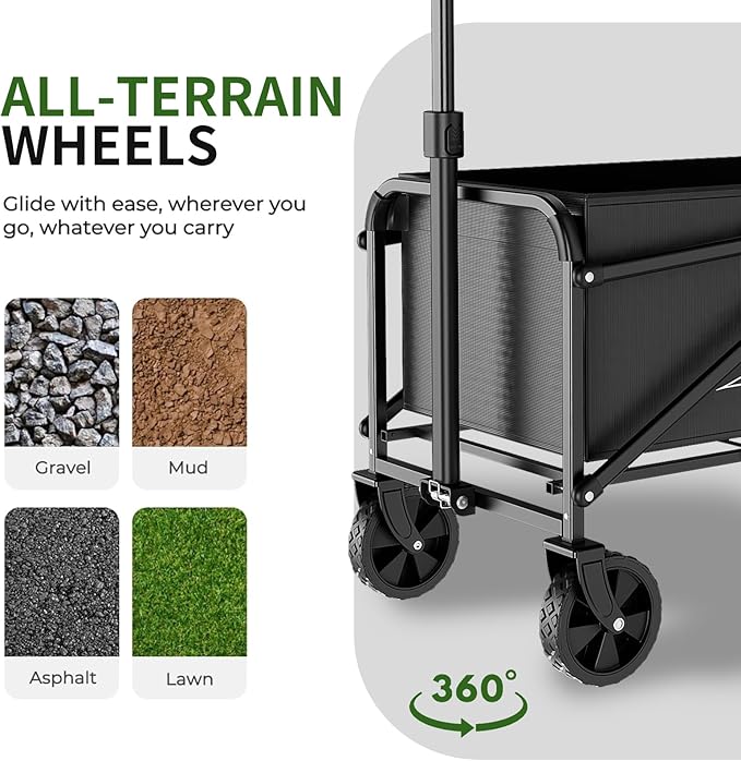 Collapsible Wagon Cart 220lbs Capacity, 4" Removable 360° Swivel Wheels & Adjustable, Waterproof 600D Oxford Fabric & MDF Base, All-Terrain Portable Utility Cart for Shopping, Garden