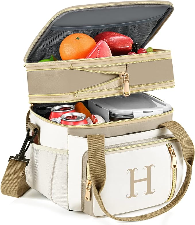 LOKASS Personalized Lunch Bag for Women Work, 16L Initial Insulated Lunch box for Adult/Womens Gift, Leakproof Personalized Gift Lunchbag with Adjustable Shoulder Strap, Cooler Bag Beige - H