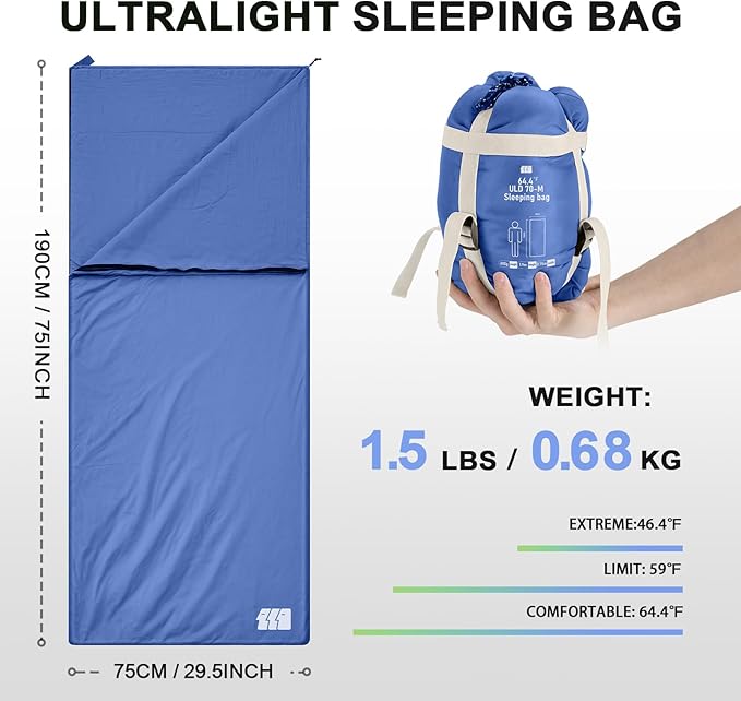 Ultralight Warm Weather Sleeping Bag - Portable, Waterproof, Compact Lightweight, Comfort with Compression Sack - Great for Outdoor Camping, Backpacking & Hiking