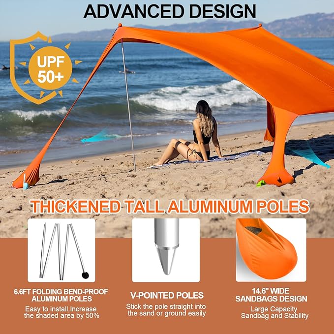 Buheco Beach Tent Pop Up Shade 10x10ft Beach Canopy Sun Shelter UPF50+ with 4 Foldable Poles-Portable Carrying Bag-Sand Shovel-Ground Pegs-Windproof Ropes for Outdoor Family Camping-Fishing- Picnic