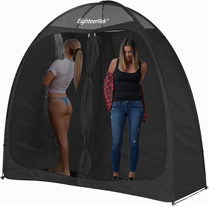 EighteenTek Camping Shower Tent, 2 Rooms with Doors, 83"x43"x80", Black, Portable, Windproof, Pop Up, UV Protection
