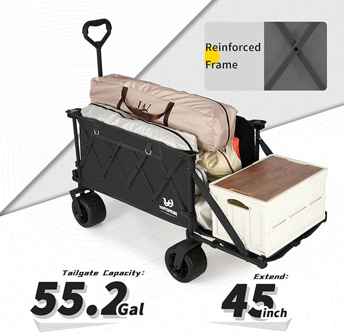 Whitsunday Collapsible Folding Wagon Heavy Duty Utility Beach Wagons with Opened Tailgate and All-Terrain Wheels for Camping,Garden,Sports Black