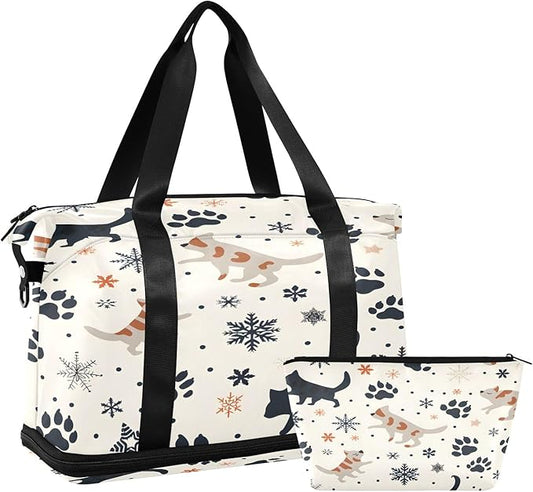 Christmas Snow Cat Travel Duffel Bag Waterproof Gym Sport Tote Bag Carry On Weekender Bag with Compartment