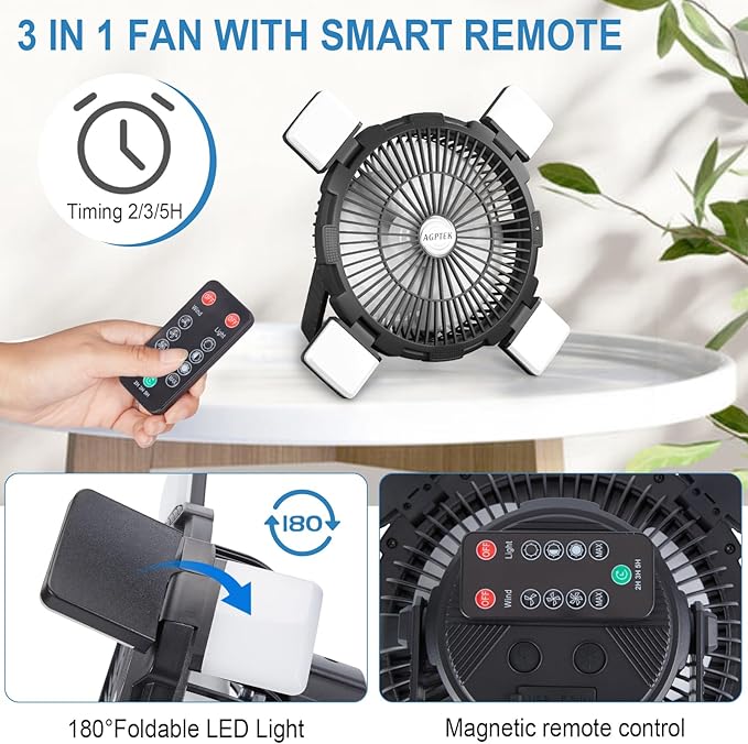 AGPTEK Portable Outdoor Fan - 8000mAh Rechargeable Battery with LED Light Lantern & Hook, Ideal for Picnics, BBQ, Fishing, Travel & Camping