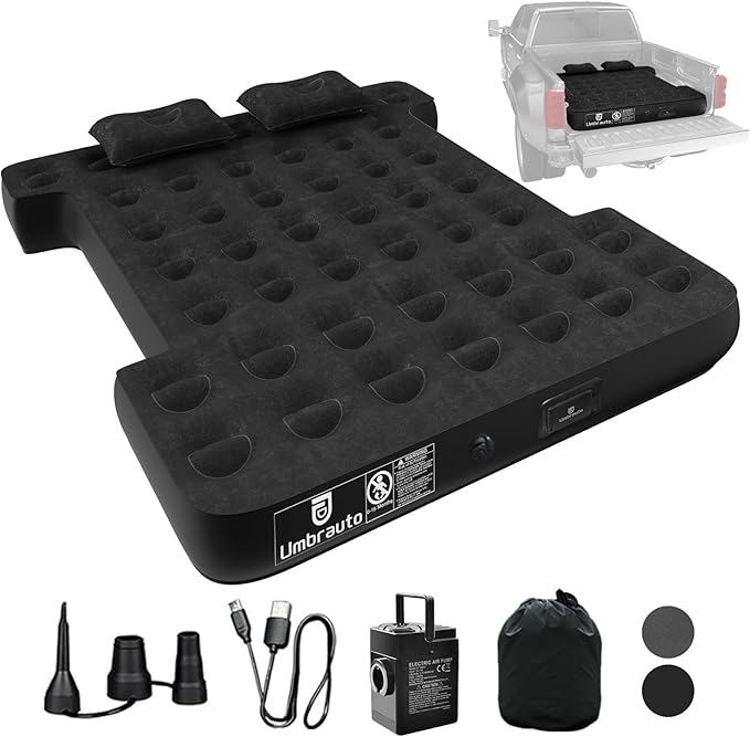 Umbrauto Built-in Pump Air Mattress for 5.5-5.8ft Full Size Short Truck Bed, Inflatable Camping Airbed with Rechargeable Cordless Pump for Truck Tent Camper
