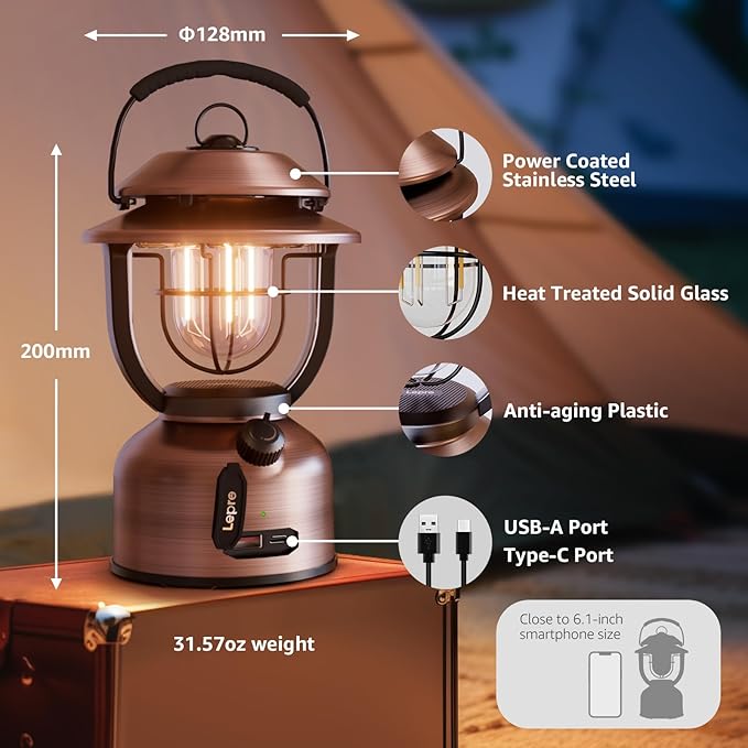 Lepro Retro Classic LED Camping Lantern, High Lumens, Daylight White 2500K and 5000K, Dimmable, USB Rechargeable, Waterproof for Camping, Vintage Decoration and Emergency (USB Charging Cable Included)