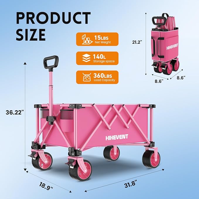 Collapsible Wagon Cart Foldable, 360LBS Heavy Duty Beach Wagon with Wider Wheels, Utility Grocery Shopping Cart for Garden, Camping, Sports, Pink