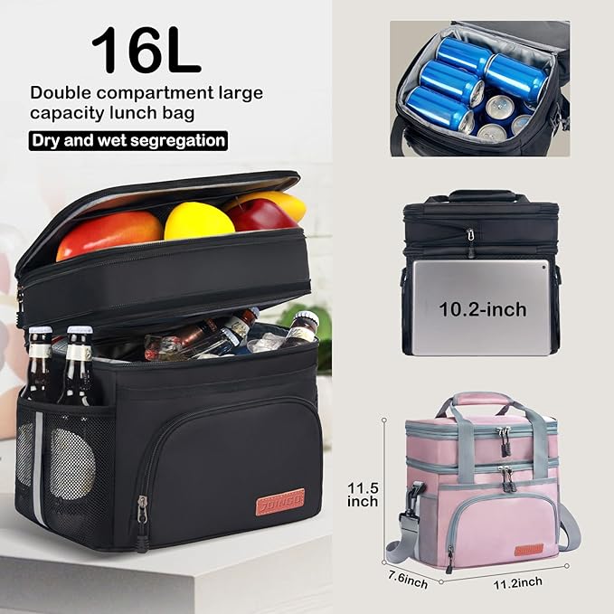 Lunch Box For Men/Women,Large Double-layer Insulated Expandable Reusable Leakproof Cooler Bags For Adults,Lunch Bag With Adjustable Shoulder Strap For Office Travel Picnic（Pink）