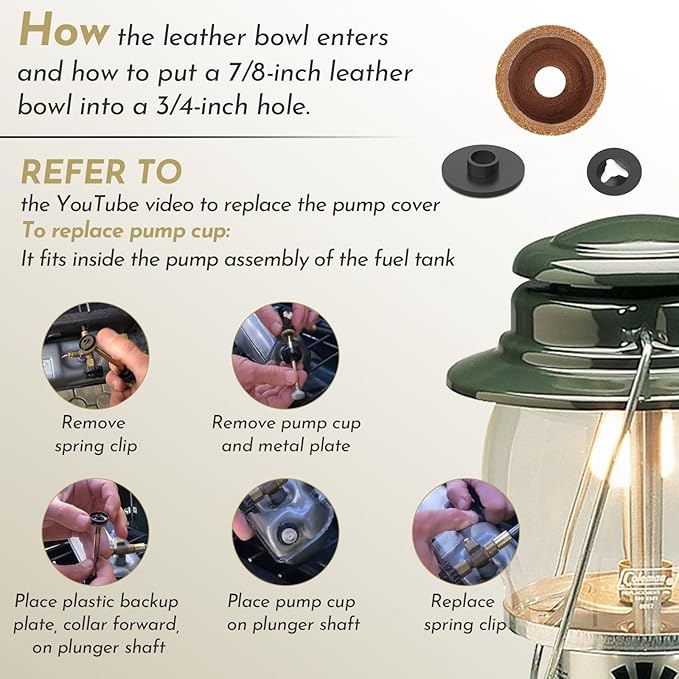 3000005094 For Coleman Lantern Stove Pump Cup Replacement Kit with Leather Pump Cap,Metal Nut and Plastic Cap for Air Seal (Compatible with Coleman Multiple Models)-2 Pack