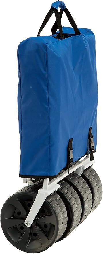 MacSports All Terrain Beach Wagon with Side Table|Heavy Duty Collapsible Folding Cart with Large Wheels for Beach Day, Picnic, Camping, Outdoor Activities | Blue/White