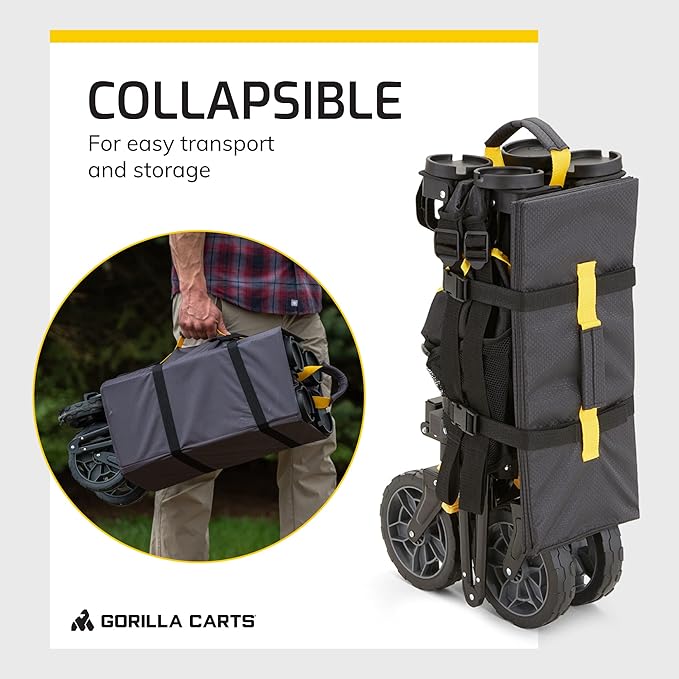 Gorilla Carts Collapsible Folding Utility Wagon Cart w/Oversized Bed, 7 Cu Ft, Black - 150 lb Capacity Outdoor Wheelbarrow w/Zipper Pockets & Built-in Cup Holders for Beach, Camping & Picnic