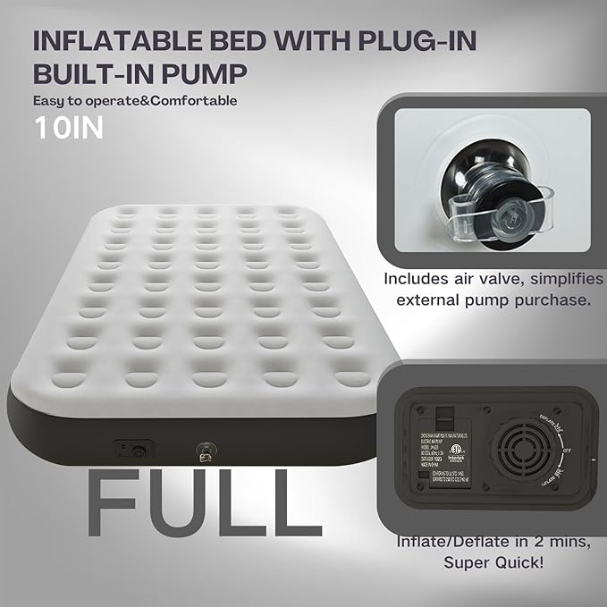 Full Air Mattress with Built in Pump,10" Blow up Air Bed, 2 Mins Quick Self-Inflation/Deflation, Foldable Inflatable Mattress for Home/Travel, 10'' Full Grey
