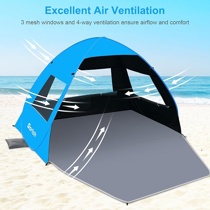 Gorich Easy Pop Up Beach Tent for 3-4 Person, UPF 50+ UV Protection Beach Umbrella Sun Shelter, Portable Lightweight Cool Cabana Shade with Easy Foldable & Instant Setup