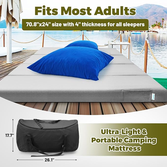 Memory Foam Camping Mattress Pad, Portable Roll Up Pads for Adults, Sleeping pad for Camping Bed, Car Bed Mat with Travel Bag- Grey