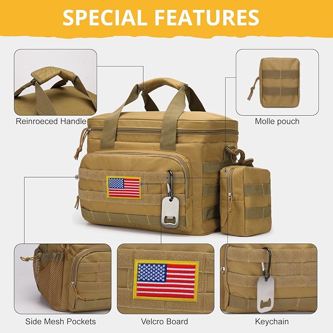 Tactical Lunch Box for Men, Insulated Lunch Bag MOLLE Webbing Leakproof, Cooler Large Lunchbox Women Adult with Adjustable Shoulder Strap Durable, Construction Heavy Duty Lunch Pail, Brown
