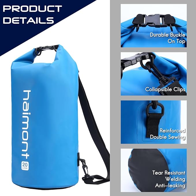 Haimont Waterproof Dry Bag Floating Dry Sack Roll Top Drybag Backpack for Kayaking, Rafting, Boating, Fishing with IPX8 Waterproof Phone Case, Blue, 20L