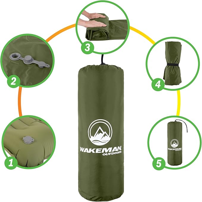 Wakeman Sleeping Pad for Camping - Inflatable Mat with Built-in Foot Pump - Waterproof Camp Mattress - Camping Gear Must Haves Outdoors (Olive)