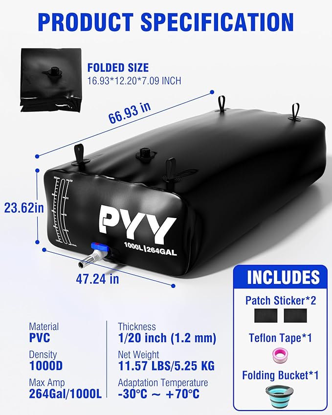 PYY Portable 264 Gallon Water Bladder - Truck Bed,Carrier Cart, Large Water Bob Bathtub Emergency Water Bladders for Outdoor RV Car Camping,Water Bladder Tank with Spigot,Overflow Kit-Black 1000L