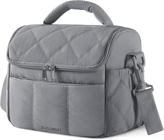 BAGSMART Insulated Lunch Bags for Women, Cute Quilted Lunch Box, Lightweight Puffy Padded Waterproof Lunch Tote, Reusable Lunch Cooler for Work Picnic Travel, Gray