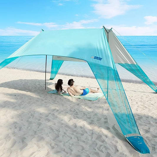 INSTANTENT® 15x9FT Beach Tent for Family, with UPF50+ Protection, Includes Sand Bags, Ground Pegs, Stability Poles, Easy Setup Beach Shade Canopy for Camping, Fishing, Backyard (Turquoise)