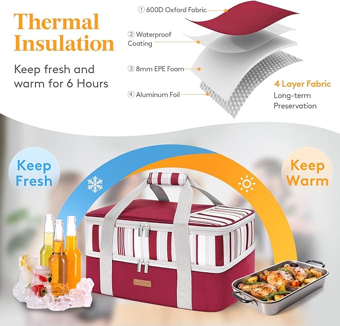 Double Decker Insulated Casserole Carrier for Hot or Cold Food, Lasagna Lugger Tote for Potluck Parties/Picnic/Cookouts, Fits 9"×13" Baking Dish, Red