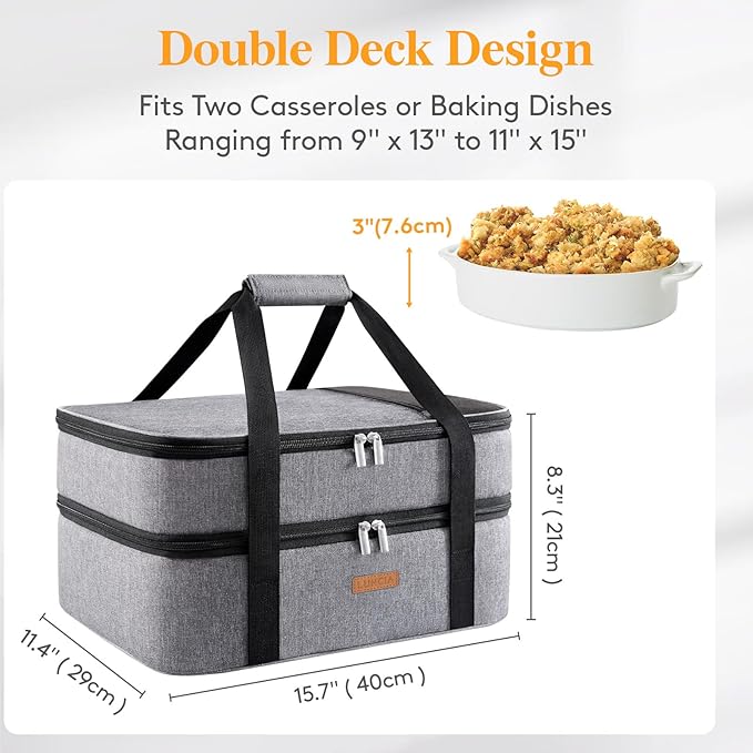 Double Decker Insulated Casserole Carrier for Hot or Cold Food, Lasagna Holder Tote for Potluck Parties/Picnic/Cookouts, Fits 9"x13" Baking Dish, Grey