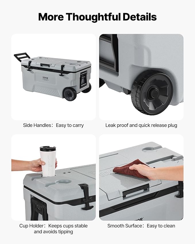 VEVOR Ultra-Light Hard Cooler, Ice Retention Cooler with Heavy Duty Handle, Ice Chest Lunch Box for Camping, Travel, Outdoor, Keeps Cool for up to 6 Days, 30% Lighter Than Rotomolded Coolers