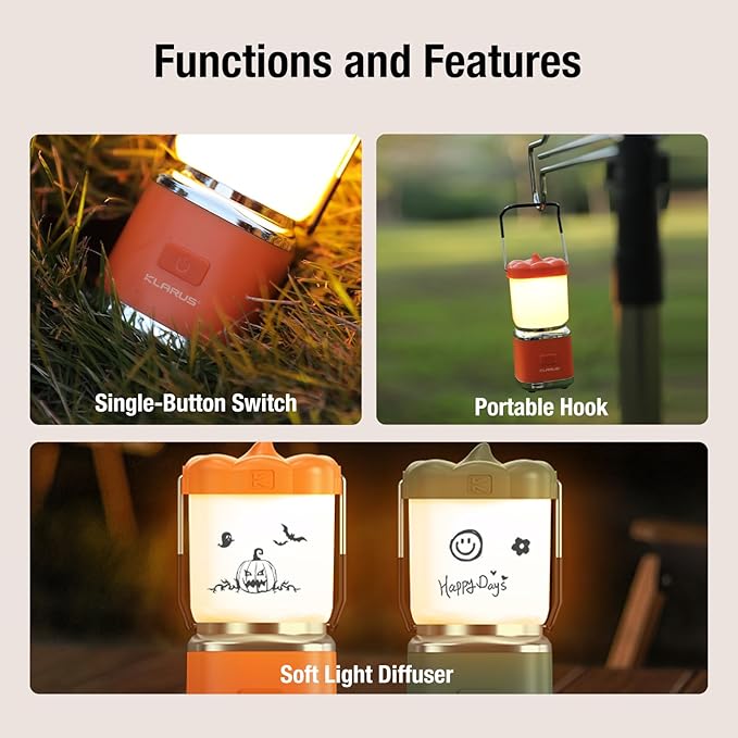 KLARUS CL8 Small Camping Lantern & Light, Pumpkin Pocket Rechargeable Camping Flash Light Tent Light, Hanging Hook, USB-C Port, IPX5 Waterproof