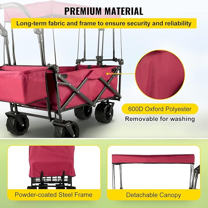 Happbuy Collapsible Wagon with Removable Canopy, 220lbs Heavy Duty Foldable Beach Wagon with Big Wheels