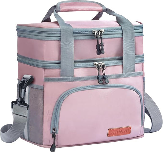 Lunch Box For Men/Women,Large Double-layer Insulated Expandable Reusable Leakproof Cooler Bags For Adults,Lunch Bag With Adjustable Shoulder Strap For Office Travel Picnic（Pink）