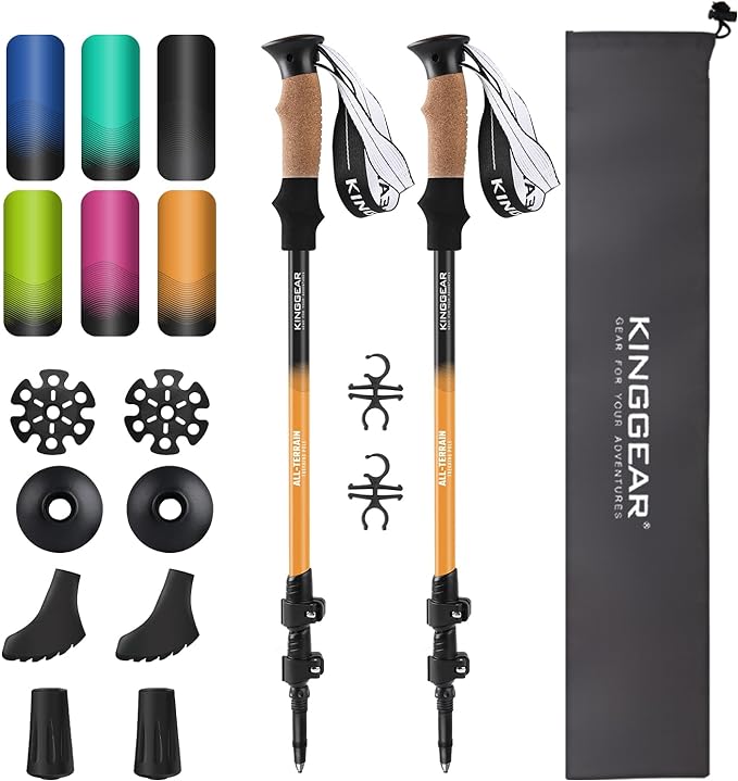 KINGGEAR Nordic Walking Stick, TP1 Hiking Poles Retractable Lightweight 7075 Aluminum, Trekking Poles with Flip Lock, Natural Cork and EVA Grip, 2pc Hiking Gear