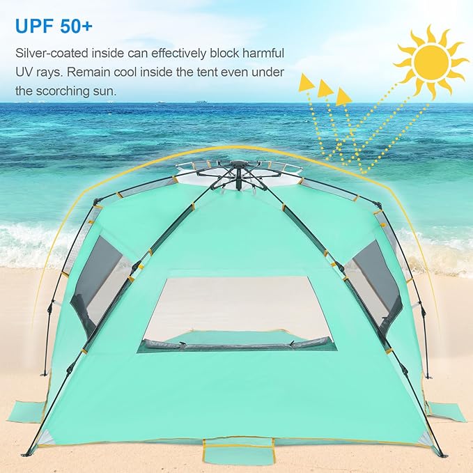 WolfWise 6-7 Person Easy Up Beach Tent UPF 50+ Portable Instant Sun Shelter Canopy Umbrella with Extended Zippered Porch, Mint Green