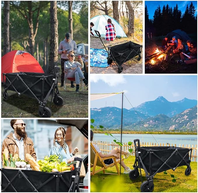 Folding Heavy Duty Camping Wagon Cart with All-Terrain Wheels & Adjustable Handle, Good for Outdoor Picnic, Garden Party, Shopping, BBQ, Black