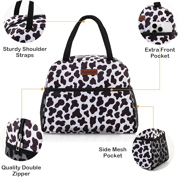 Insulated Lunch Bag for Women Men, Lunch Containers Reusable High Capacity Lunch Tote Bags for for Work Picnic (Cowprint-Mesh)
