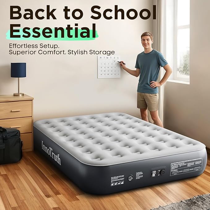 InnoTruth Queen Camping Air Mattress with Built-in Pump, Inflatable Blow up Mattress for Home & Guests, 13" Raised Colchones Inflables Air Bed, Ideal for Travel, Outdoor, Back to School Supplies, Grey