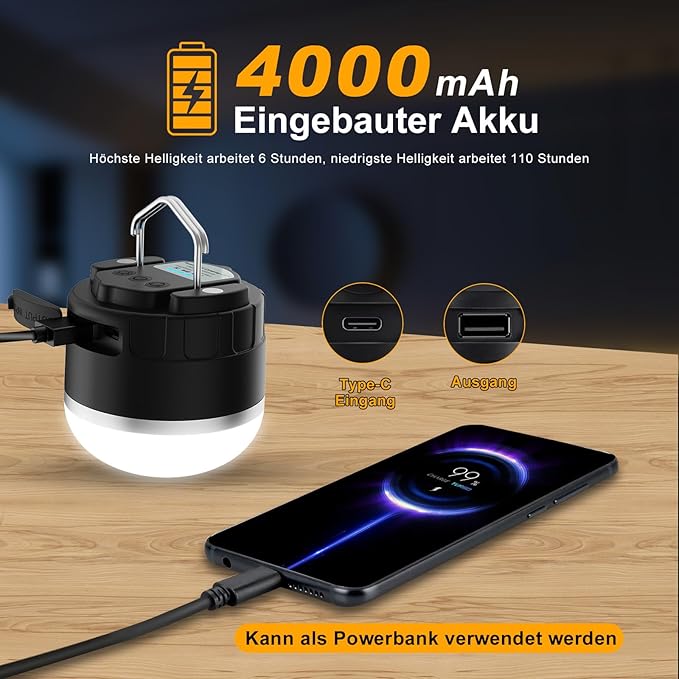 LED Camping Lights Rechargeable - Outdoor Portable Tent Light with 4000mAh Battery, 3 Light Modes Camping Lantern with Magnet Base, IP65 Waterproof Hanging Camping Lights for Tent, Hiking, Hurricane