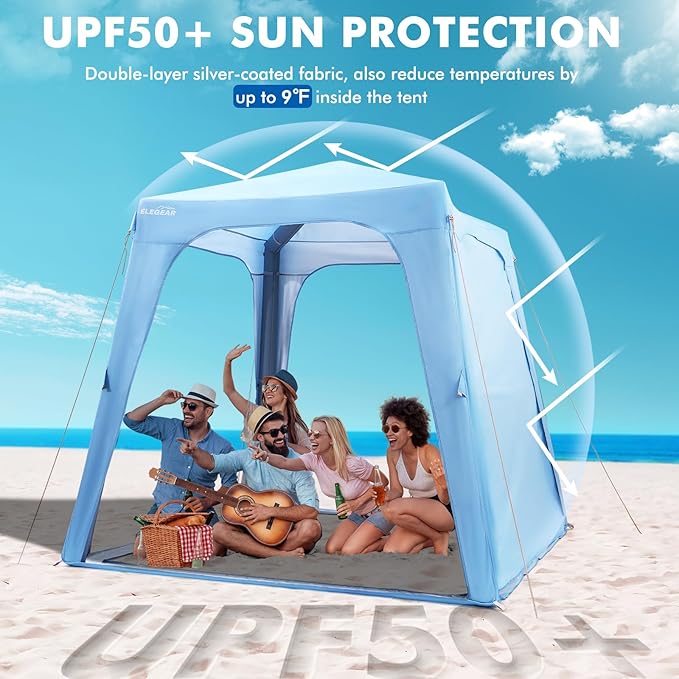 Elegear Inflatable Beach Canopy Tent, 7'x7' Beach Cabana, 30s Setup UPF 50+ UV Protection Portable Blow Up Tent Sun Shade Shelter with Side Curtain, for Camping Fishing Backyard Picnics - 6-8 Person