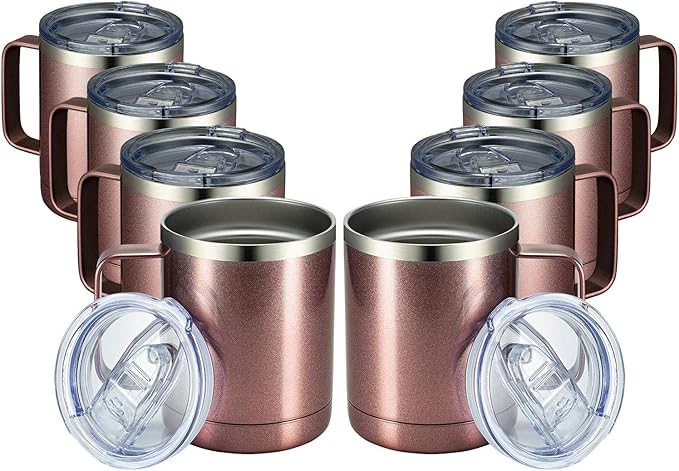 MEWAY 12oz Coffee Mug With Handle 8 Pack Bulk,Stainless Steel Insulated Travel Tumblers With Sliding Lid,Double Wall Vacuum Camping Cup for Hot & Cold Drinks Tea (Rose Gold,Set of 8)