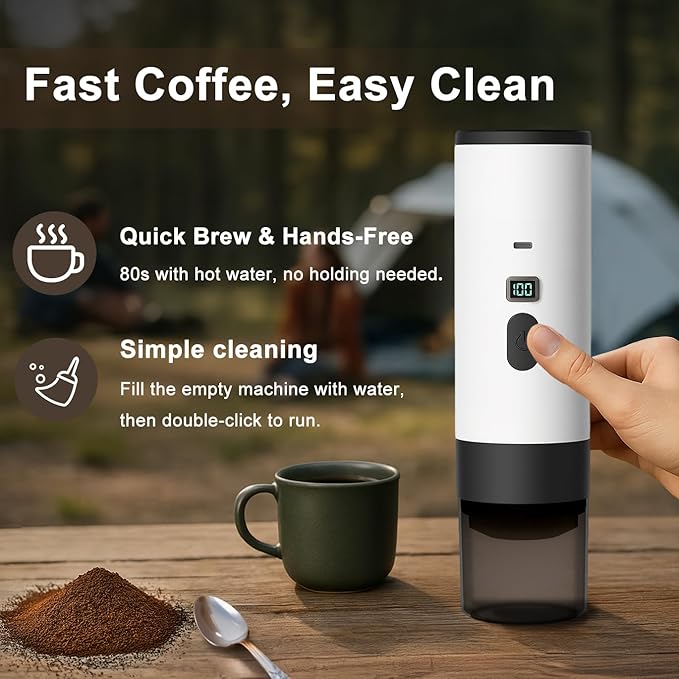 Portable Espresso Maker, Hands-Free Travel Coffee Makers for Camping, Car Self-Heating Espresso Machine with USB-C, With Ground Coffee & NS Capsules for RV/Office/Hiking