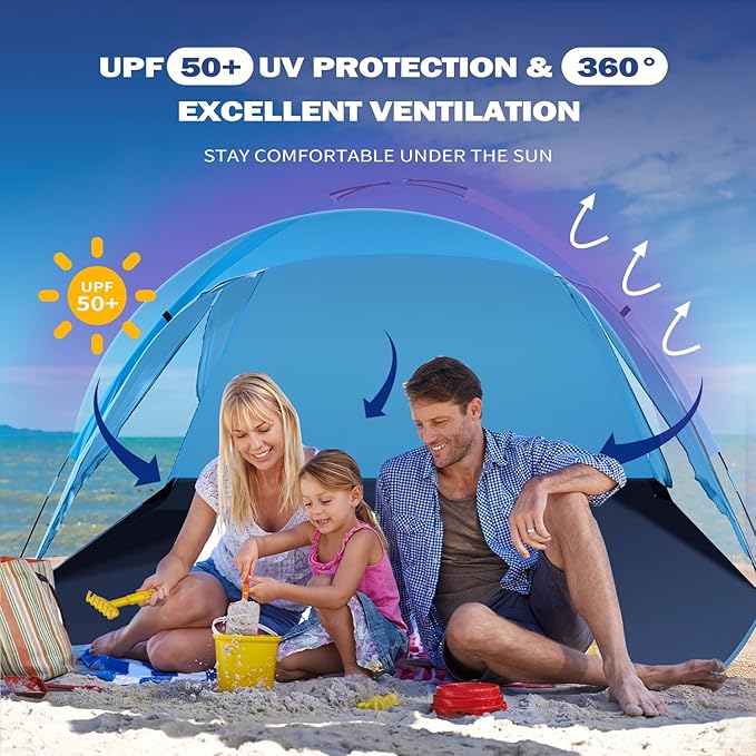 Beach Tent for 3-4 People, UPF50+ Sun Shelter with Breathable 3-Zipper Door Design, 8.0mm Reinforced Fiberglass Poles, Portable Shade Canopy for Beach & Camping (Blue)