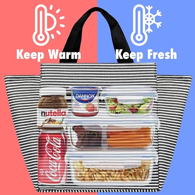 opux Lunch Bag for Women, Insulated Lunch Box Tote for Girls Kids Adult School Work, Reusable Womens Lunch Tote for Office Travel, Cute Small Lunch Tote, Fits 12 Cans - Stripe Black