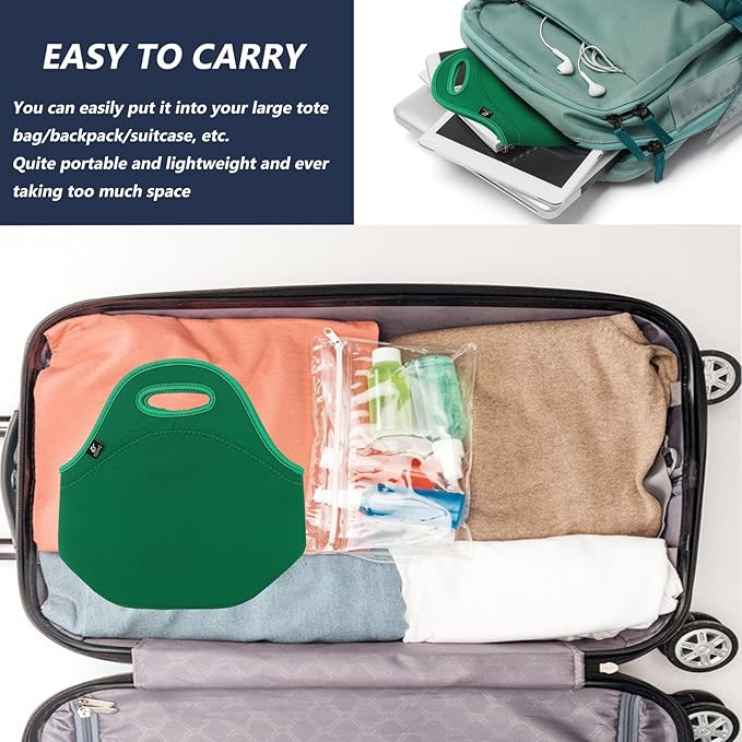 LOVAC Neoprene Lunch Bag, Thick Insulated Lunch Bag - Durable & Waterproof Lunch Tote With Zipper For Outdoor Travel Work (Green)