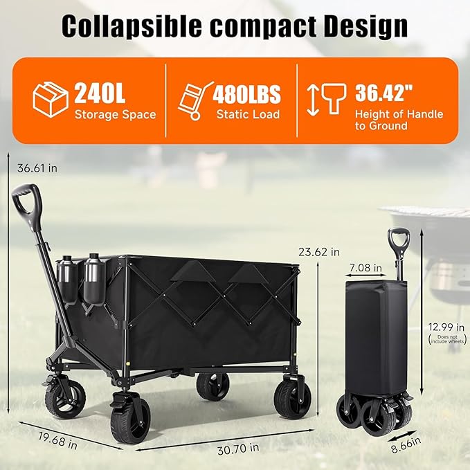 Collapsible Wagon Cart with Universal Wheels, 480LBS Wagons Carts Heavy Duty Collapsible Wagon with Cup Holders, Utility Beach Carts for Camping, Garden, Shopping, Fishing, Sports