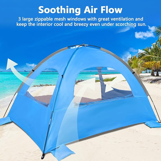NXONE Beach Tent Sun Shade Shelter for 4 Person with UV Protection, Extended Floor, 3 Mesh Roll Up Windows & 8.5mm Fiberglass Rods丨Carry Bag Included (Sky Blue)