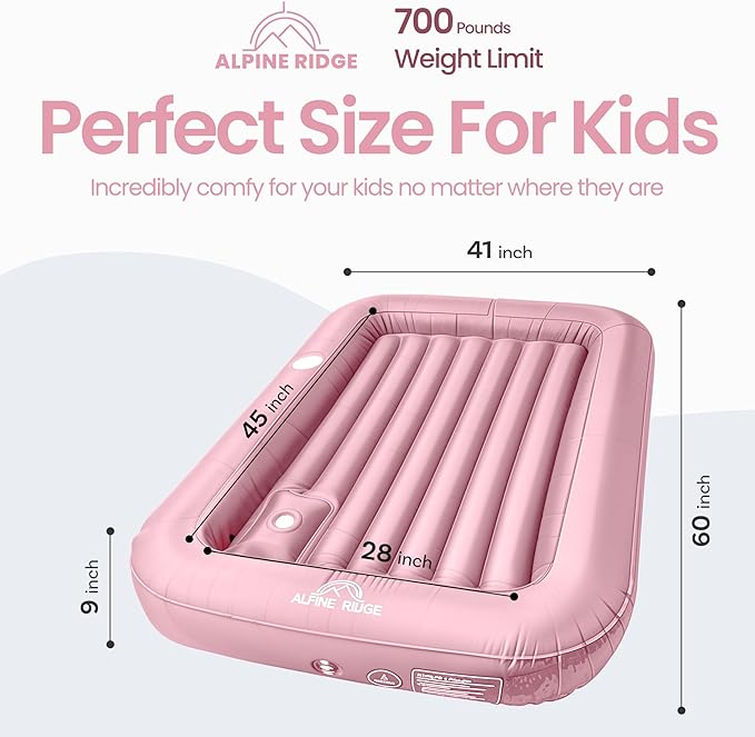 Toddler Travel Bed with Safety Bumpers [4-Sided] | Portable Bed for Kids | Toddler Air Mattress | Kids Air Mattress with Built-in Foot Pump (Pink)