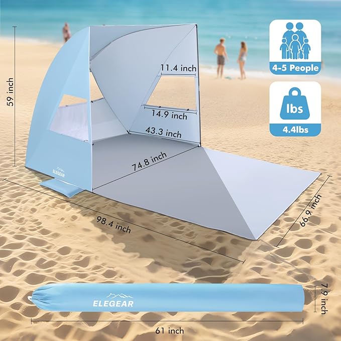 Elegear Beach Tent Sun Shelter for 4/5 Person, 1 Second Setup Pop Up Beach Tent with UPF 50+ UV Protection, Beach Umbrella Portable Double Silver Coating Beach Cabana Canopy Sun Shade Shelter - Blue