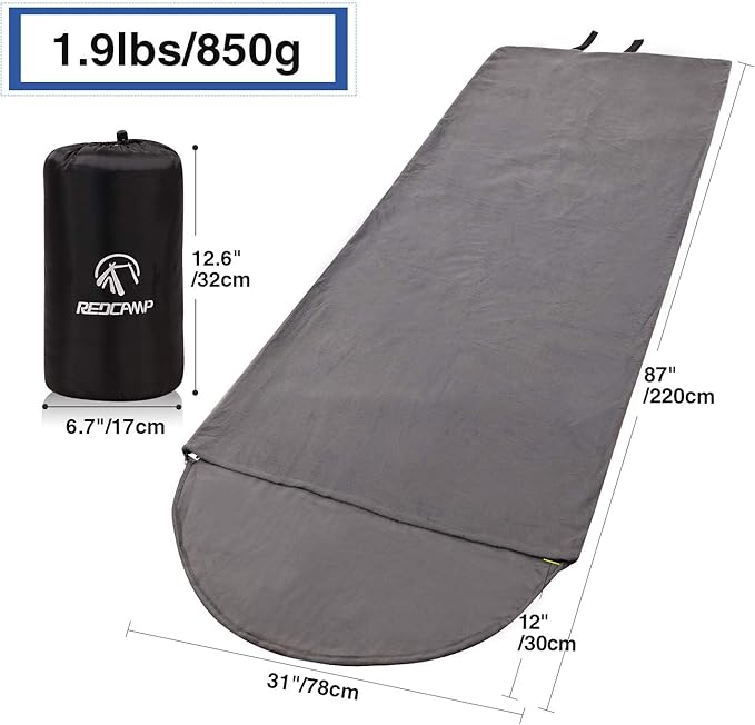 REDCAMP Fleece Sleeping Bag Liner with Hood, Great for Adult Warm or Cold Weather, 87" Long Full Sized Zipper Camping Blanket for Outdoor, Grey