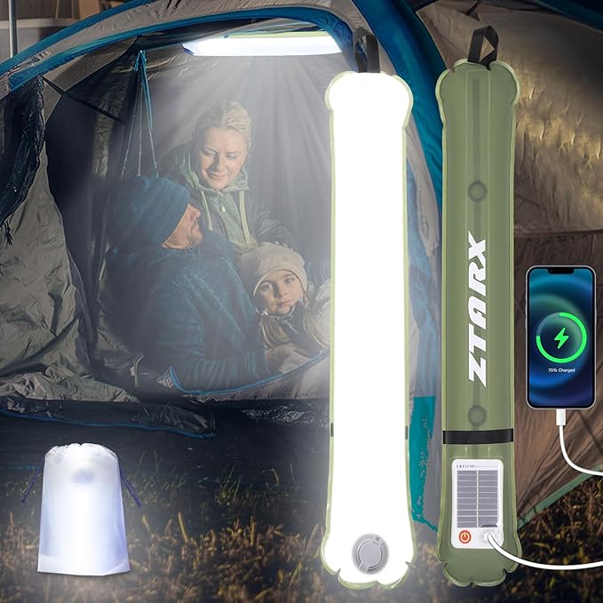 Solar Camping Lights Bars 23.6IN/60CM Tent Lights Rechargeable 2000mAh Foldable Inflatable for Outdoor IP66 Waterproof LED Tube Light for Camping, Hiking, Travel and More