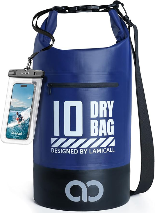 Lamicall Dry Bag Waterproof Backpack - [Zippered Pocket] 10L/20L Roll Top Waterproof Bag with Water proof Phone Case, Floatable Drybag for Swimming, Boating, Kayaking, Camping, Beach