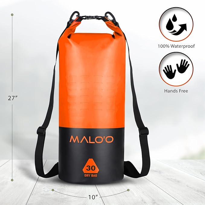 Malo’o 30L Heavy Duty 100% Waterproof Roll-Top Dry Bag Backpack – Keeps Gear Dry for Fishing, Rafting, Kayaking, Beach, Boating, Hiking, and Camping - Travel Safe - Easy To Use Dry Bag Backpack